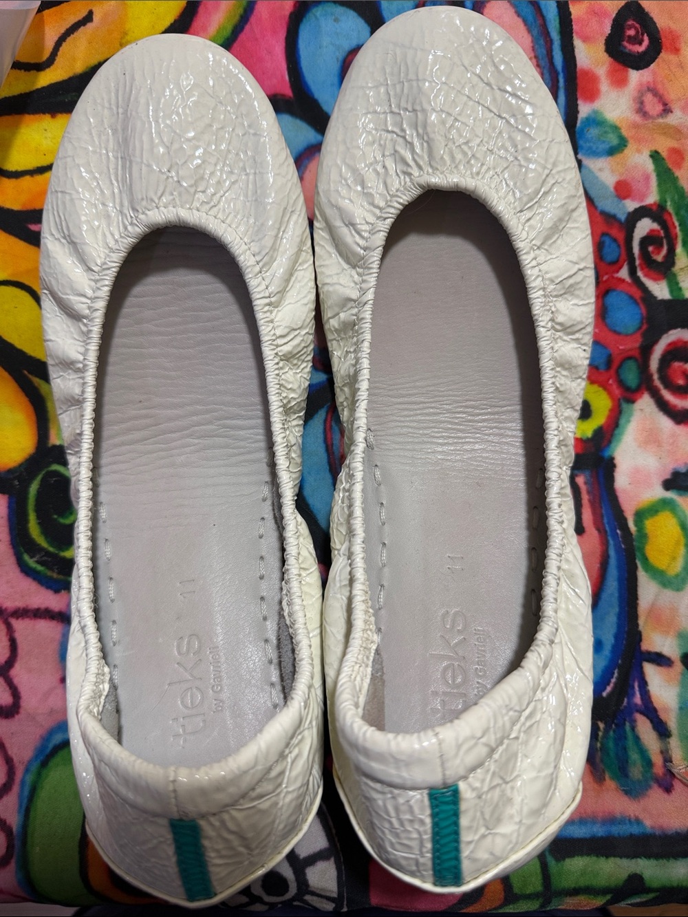 Tieks White Crinkle Leather Ballet Flats with Teal Soles - Picture 4 of 5